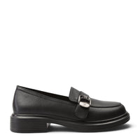 ada-shoes.ro Anna Viotti black leather casual loafers with a silver buckle detail and a thick rubber sole