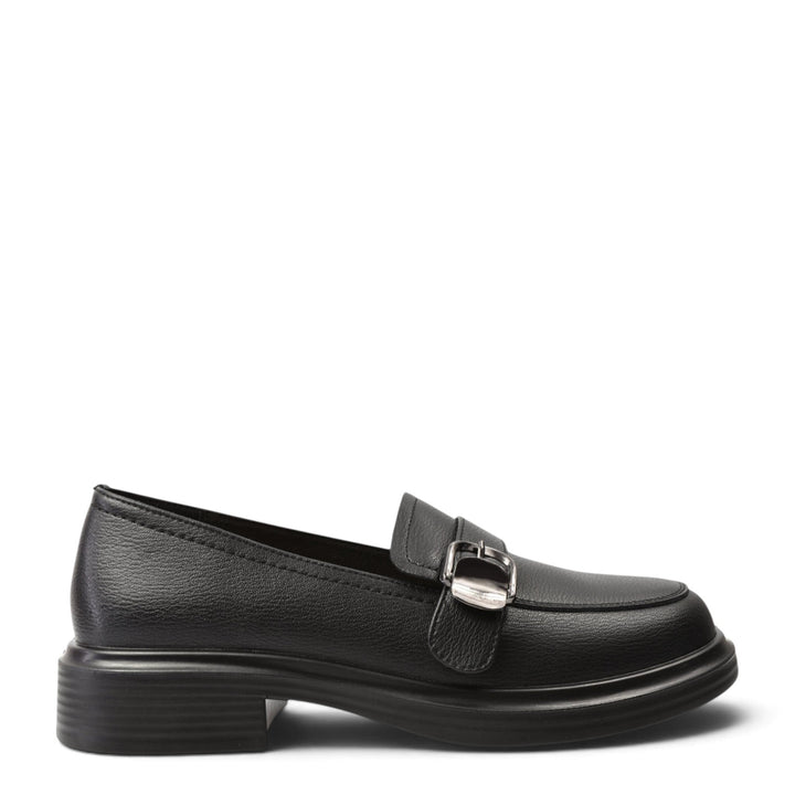 ada-shoes.ro Anna Viotti black leather casual loafers with a silver buckle detail and a thick rubber sole