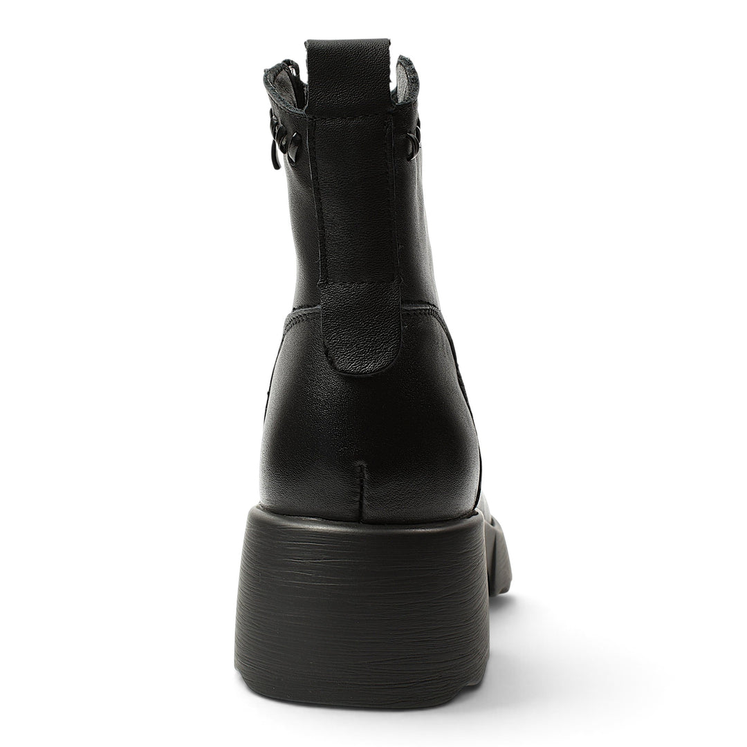 ada-shoes.ro Formazione black leather casual ankle boots featuring a 4.5 cm platform sole and side zipper, back view.