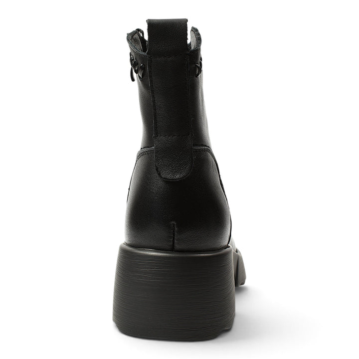 ada-shoes.ro Formazione black leather casual ankle boots featuring a 4.5 cm platform sole and side zipper, back view.