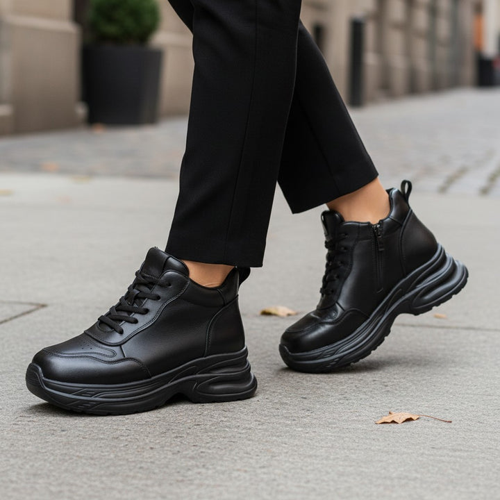 ada-shoes.ro black leather sport ankle boots with 5cm platform sole and lace-up closure worn on city street