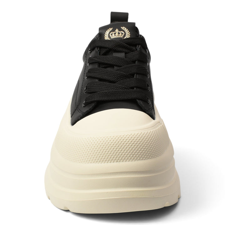 ada-shoes.ro black leather casual sneakers with a thick cream platform sole and lace-up closure