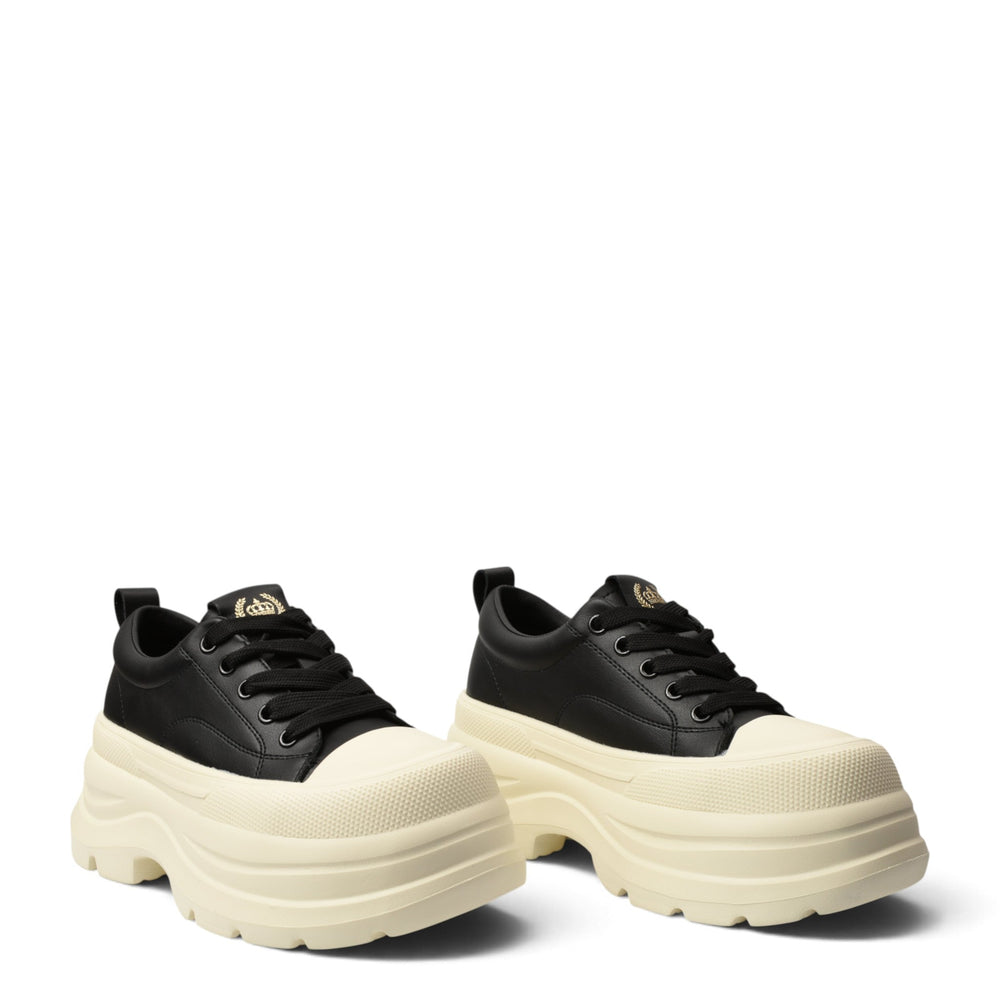 ada-shoes.ro black leather casual sneakers with a thick cream platform sole and lace-up closure