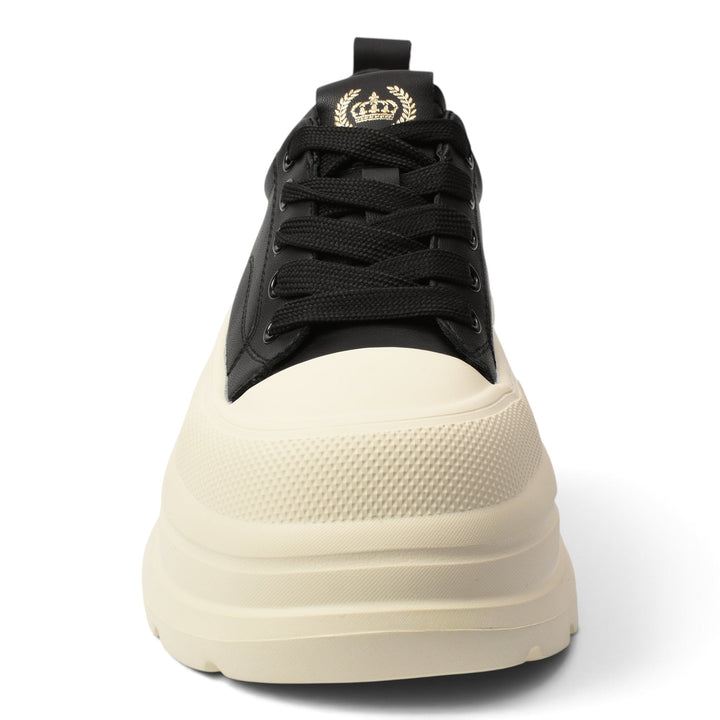 ada-shoes.ro black leather casual sneakers with a thick cream platform sole and lace-up closure