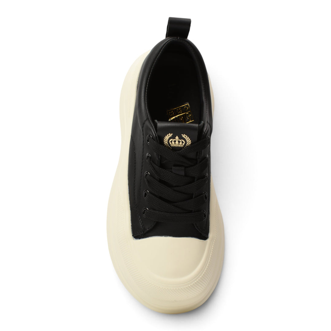 ada-shoes.ro black leather casual sneakers with a thick cream platform sole, lace-up closure, and gold crown logo.
