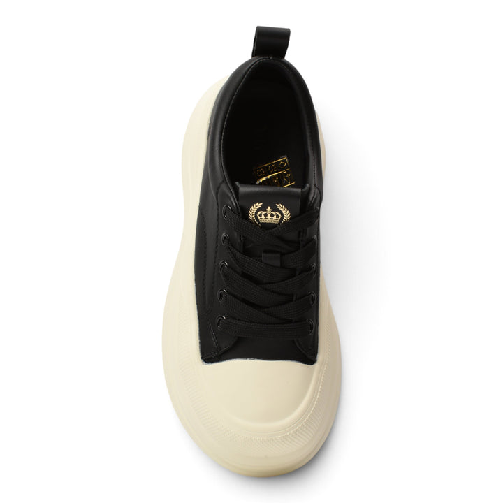 ada-shoes.ro black leather casual sneakers with a thick cream platform sole, lace-up closure, and gold crown logo.