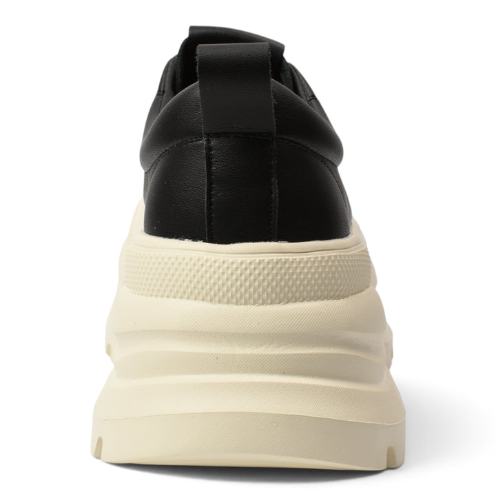 ada-shoes.ro black leather casual sneakers with a thick beige platform sole, rear view showing textured heel detail