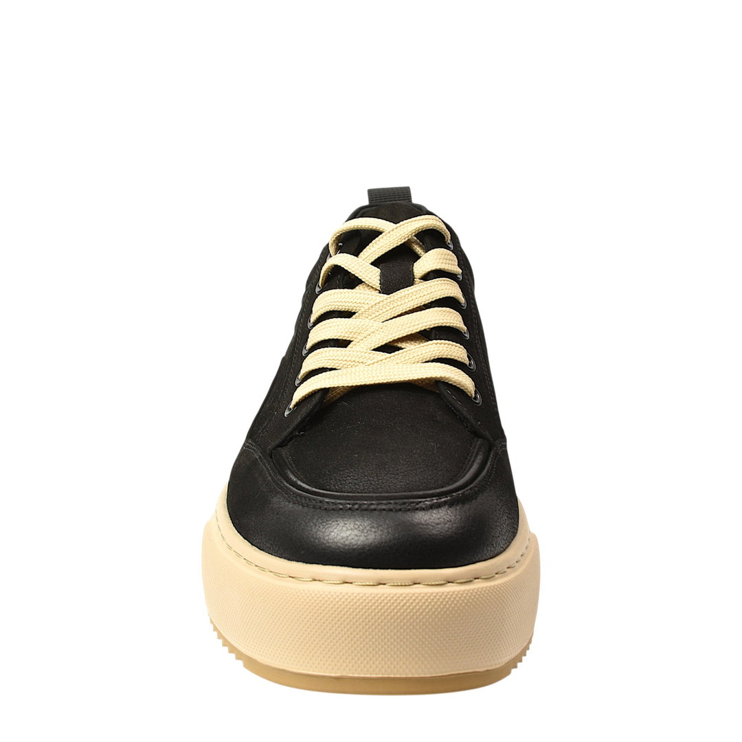 ada-shoes.ro Franco Gerardo black leather sneakers with beige laces and a thick platform sole, front view.