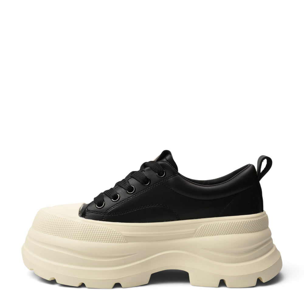 ada-shoes.ro black leather casual sneakers with a thick beige platform sole and lace-up closure