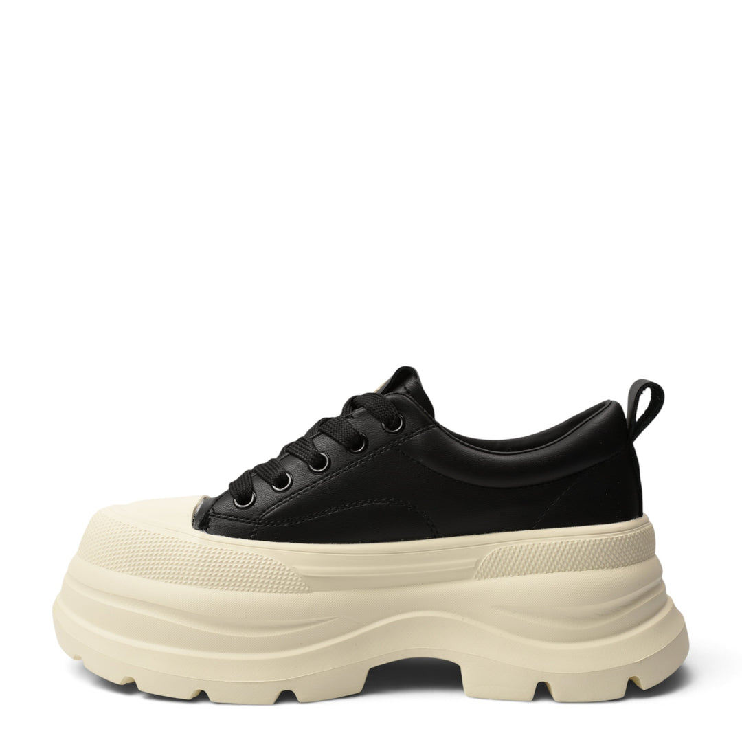 ada-shoes.ro black leather casual sneakers with a thick beige platform sole and lace-up closure
