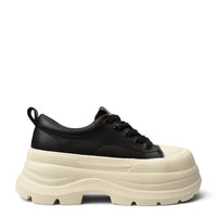 ada-shoes.ro black leather casual sneakers with a thick cream platform sole and lace-up closure
