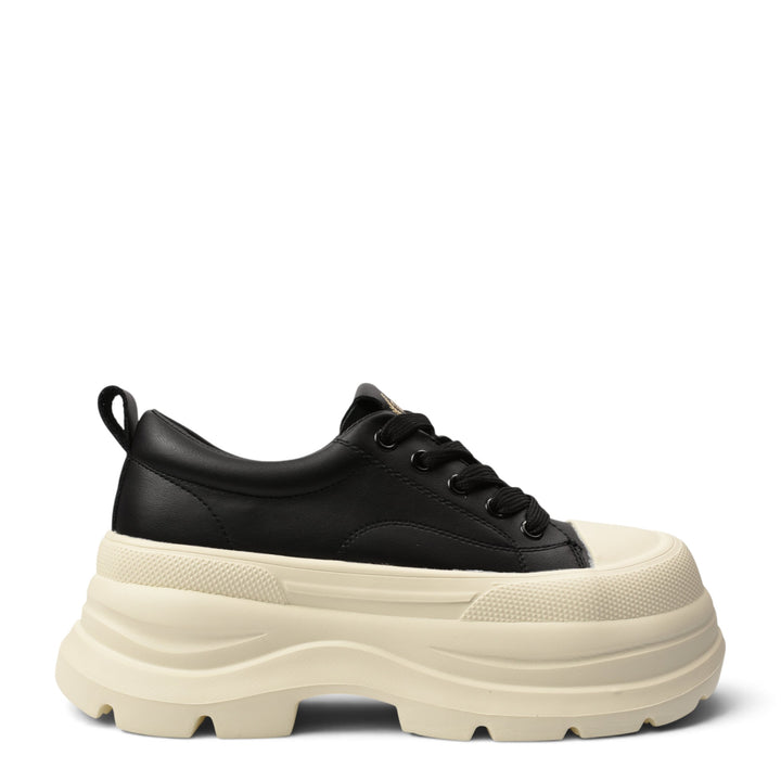 ada-shoes.ro black leather casual sneakers with a thick cream platform sole and lace-up closure