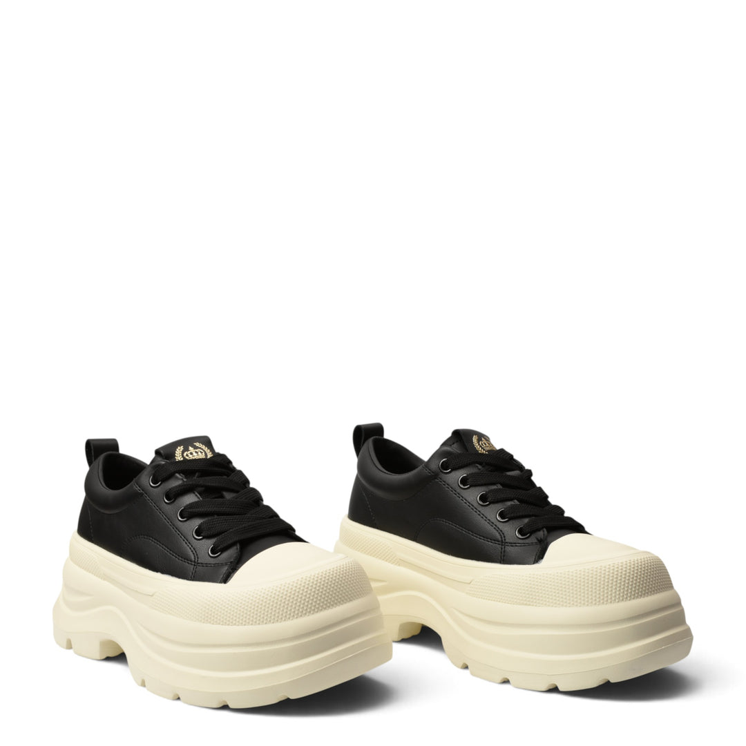ada-shoes.ro black leather casual sneakers with a thick cream platform sole and lace-up closure
