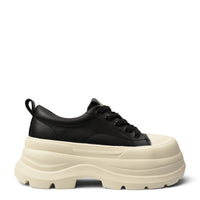ada-shoes.ro black leather casual sneakers with a thick cream platform sole and lace-up closure