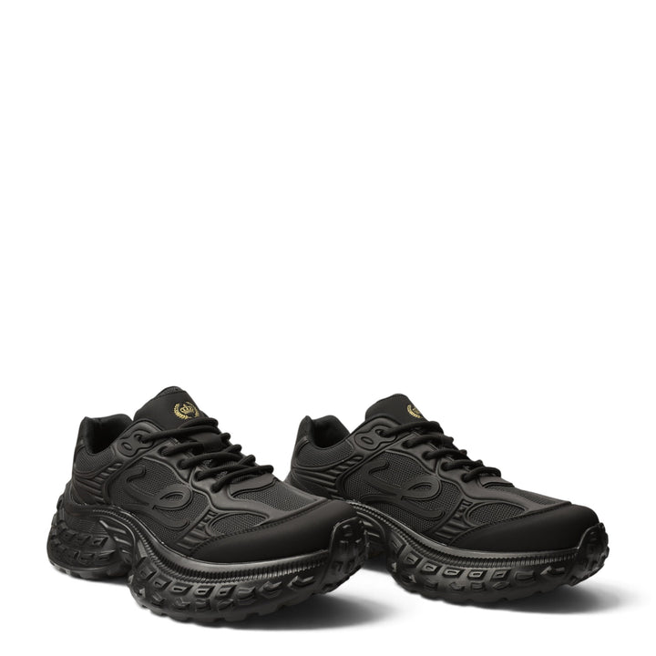 ada-shoes.ro black leather and textile sneakers with a thick, textured 5cm platform sole and lace-up closure.