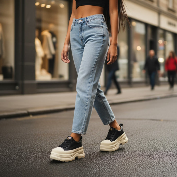 ada-shoes.ro black leather casual sneakers with thick white platform soles worn by a woman in light blue jeans