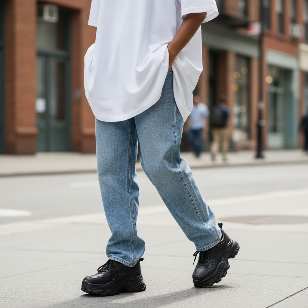 ada-shoes.ro black leather sneakers with a 4cm platform sole worn with light blue jeans in an urban setting