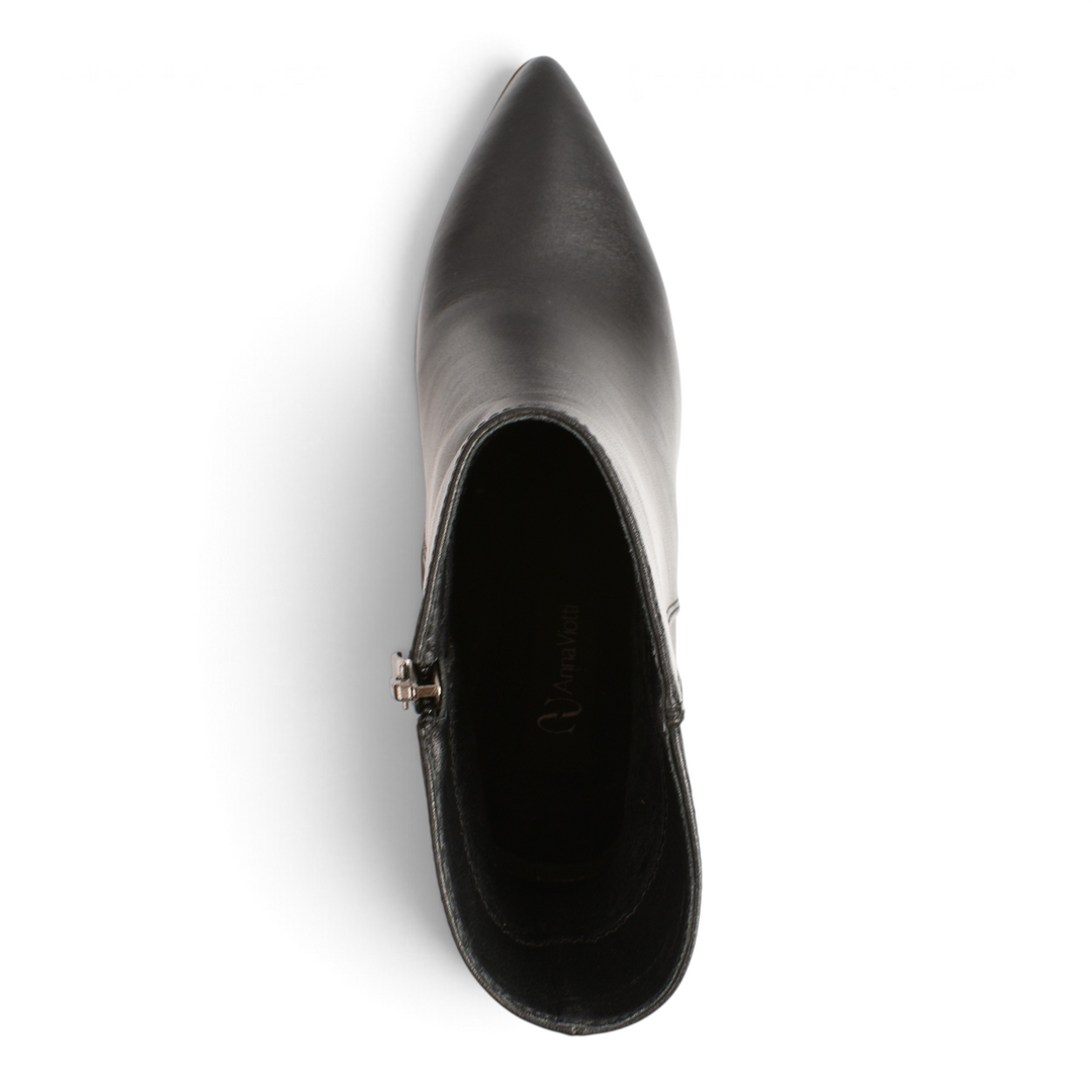ada-shoes.ro Anna Viotti black leather ankle boots with a pointed toe, viewed from above.