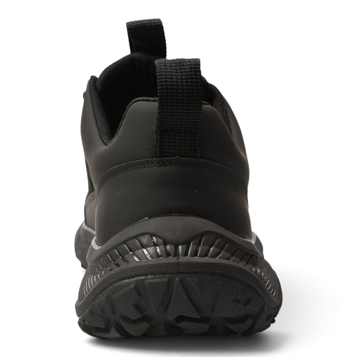 Back view of black ada-shoes.ro sneakers featuring a flexible sole and premium leather and suede construction.