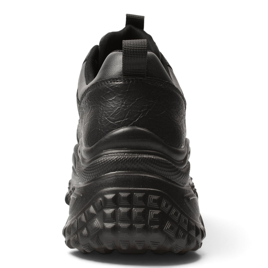 ada-shoes.ro black leather sneakers with a thick 4cm flexible sole, viewed from the back