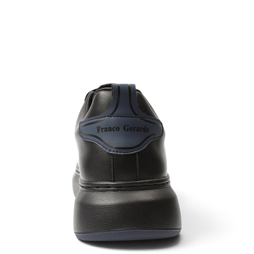 ada-shoes.ro black leather casual sneakers with a thick sole and blue heel detail, rear view