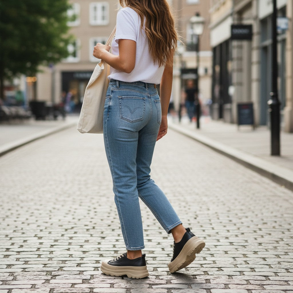 Woman wearing ada-shoes.ro black leather sneakers with thick beige soles, styled with blue jeans and a white t-shirt.
