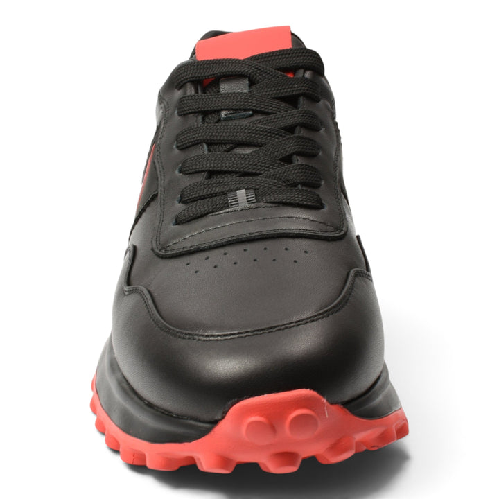 ada-shoes.ro black leather sneakers with red accents and a flexible lug sole, featuring a lace-up design.