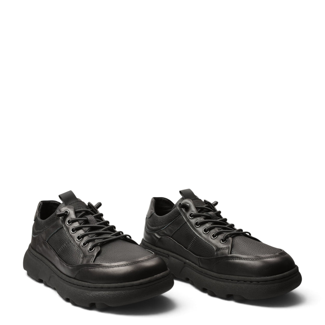 ada-shoes.ro 8066 black leather sneakers with a thick, flexible sole and lace-up closure for men.