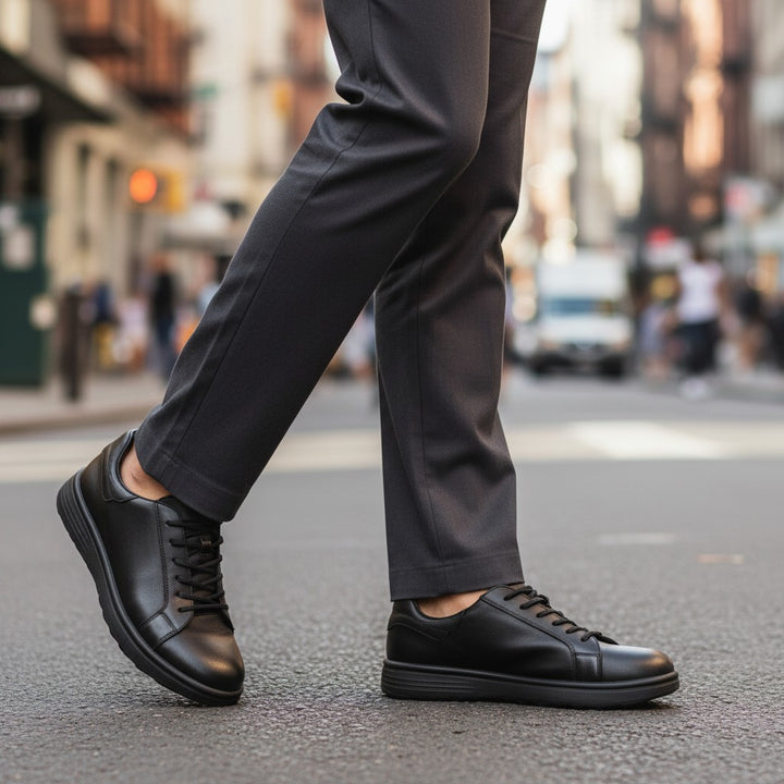 ada-shoes.ro black leather sneakers worn with grey trousers on a city street, featuring a flexible sole and laces.