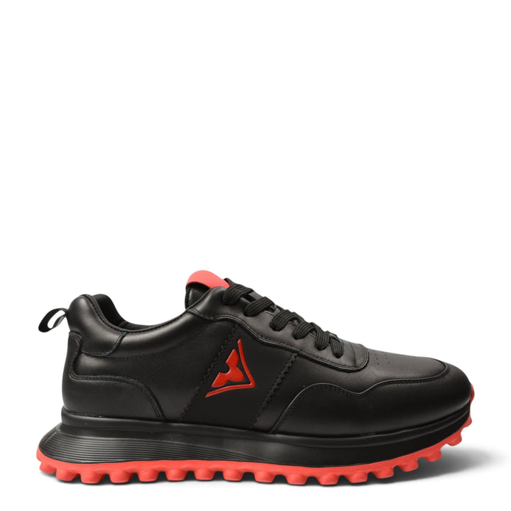 ada-shoes.ro black leather sneakers with red accents, lace-up closure, and a flexible textured red rubber sole.