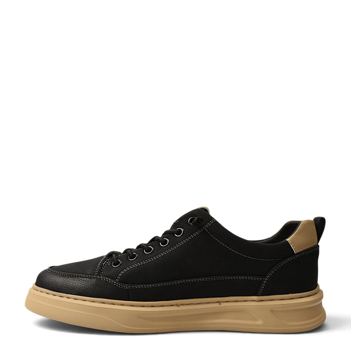 ada-shoes.ro black leather sneakers with a tan sole, featuring lace-up closure and contrast stitching for casual wear.