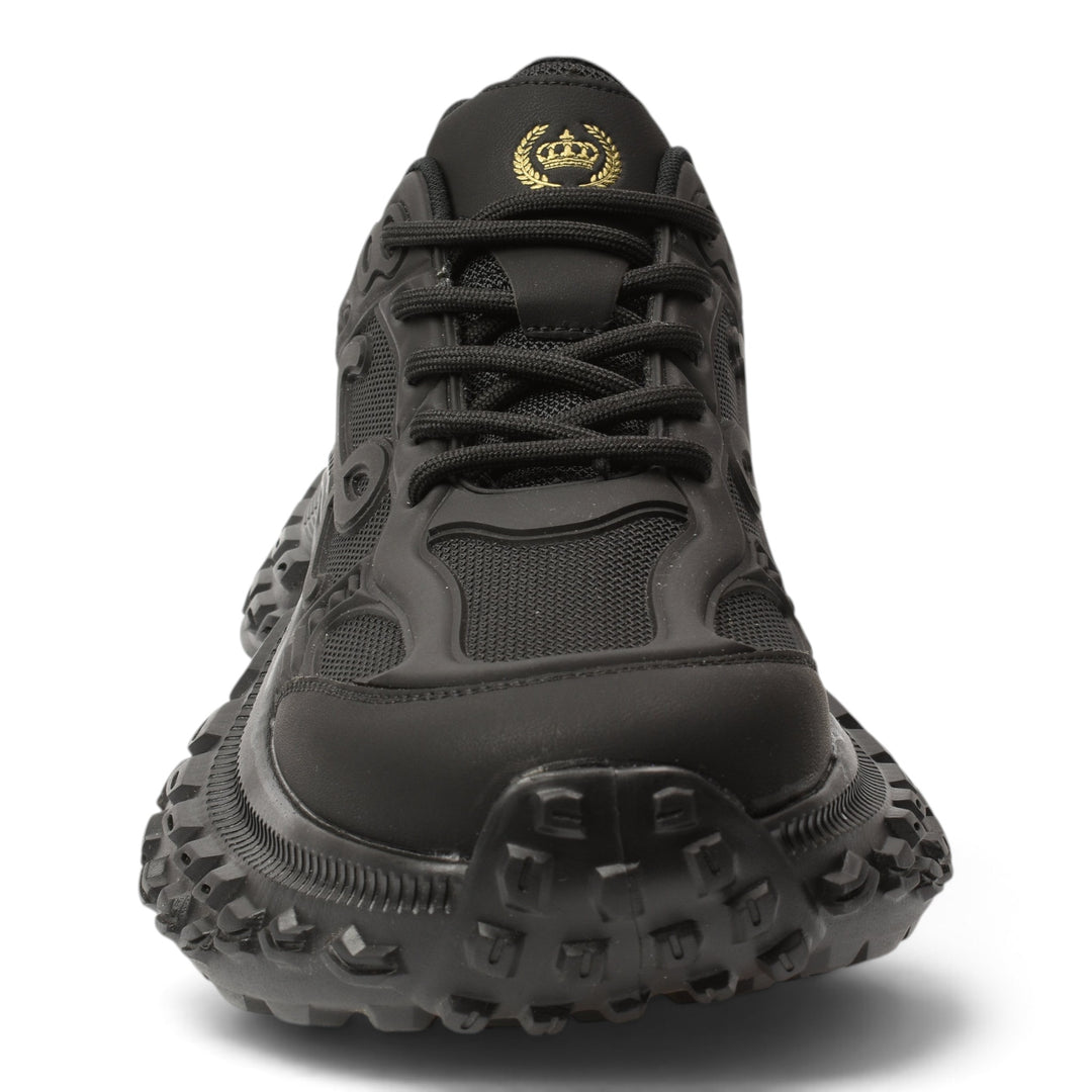 ada-shoes.ro 6050-N black sneakers with leather and textile upper, lace-up closure, and chunky textured sole.