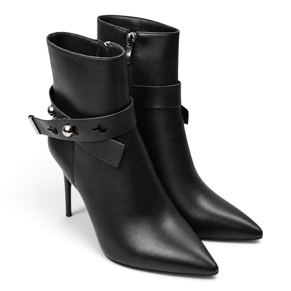 ada-shoes.ro Anna Viotti black leather stiletto ankle boots with a decorative buckled strap and pointed toe