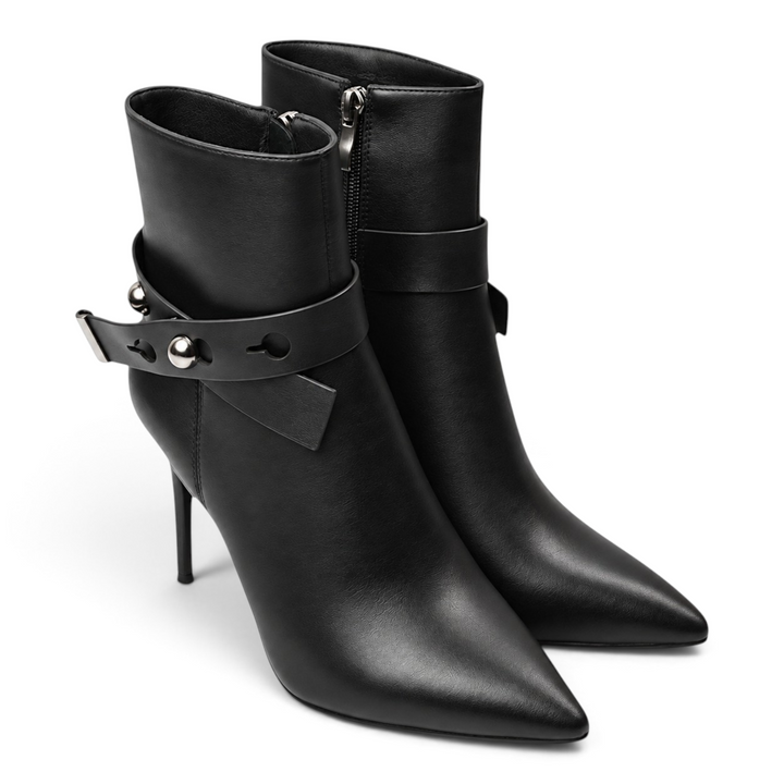 ada-shoes.ro Anna Viotti black leather stiletto ankle boots with a decorative buckled strap and pointed toe