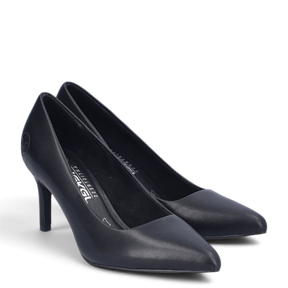 ada-shoes.ro Rieker black leather stiletto pumps with a 7cm heel and pointed toe for an elegant office look.