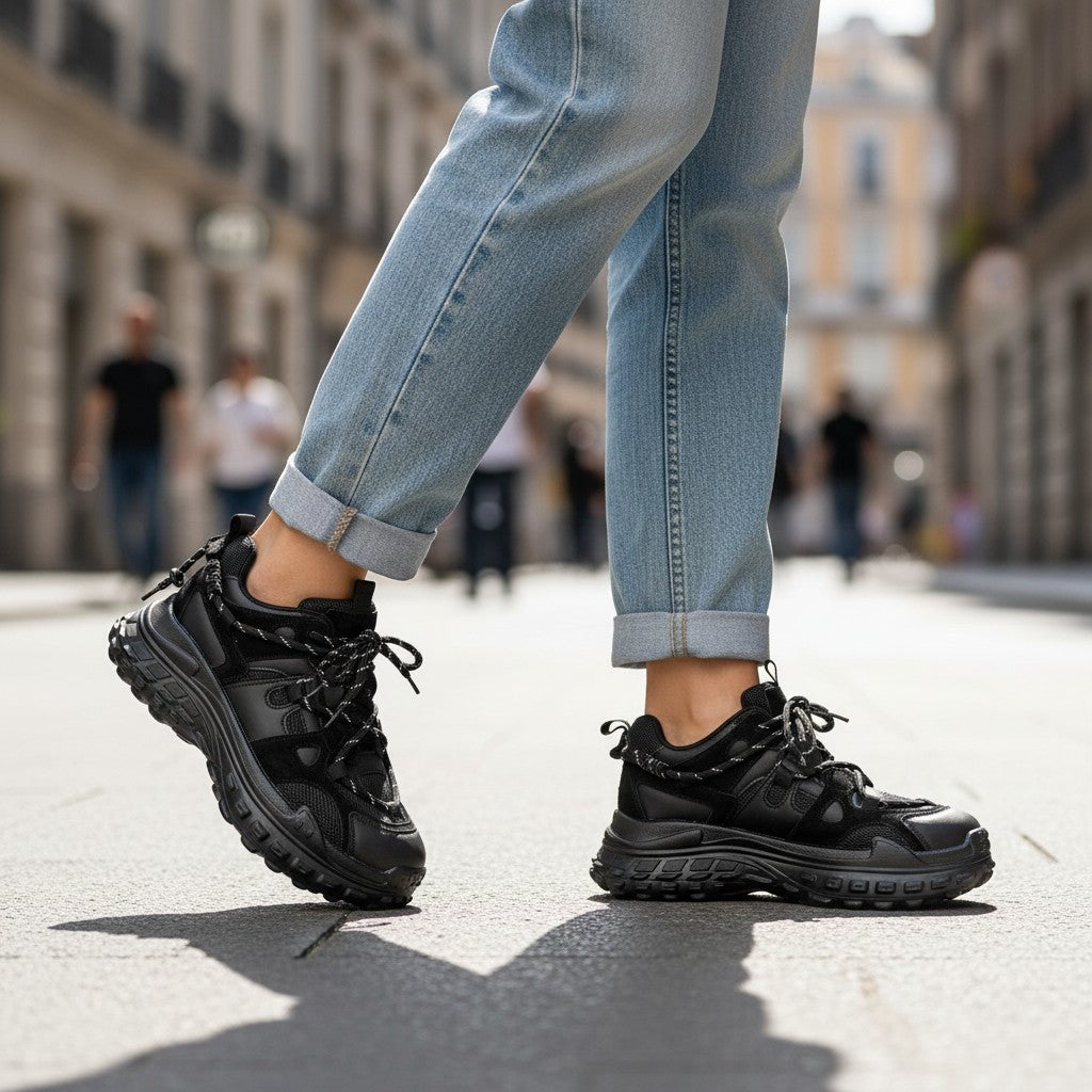 ada-shoes.ro Feeling 18128-N black leather and suede sneakers with a thick flexible sole worn with blue jeans