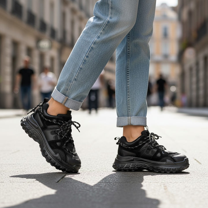 ada-shoes.ro Feeling 18128-N black leather and suede sneakers with a thick flexible sole worn with blue jeans