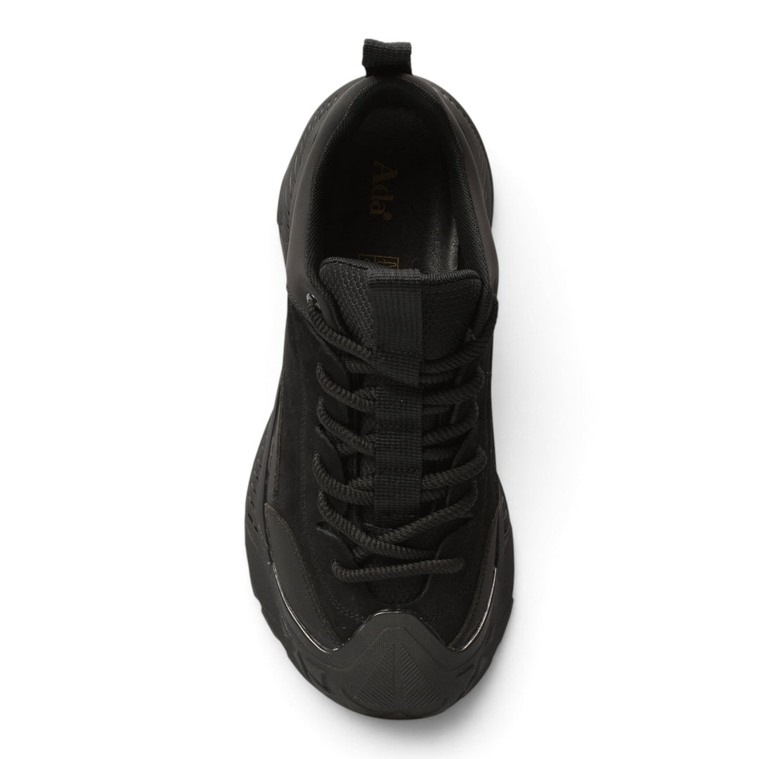ada-shoes.ro black leather and suede sneakers with a lace-up design and flexible sole, top-down view.