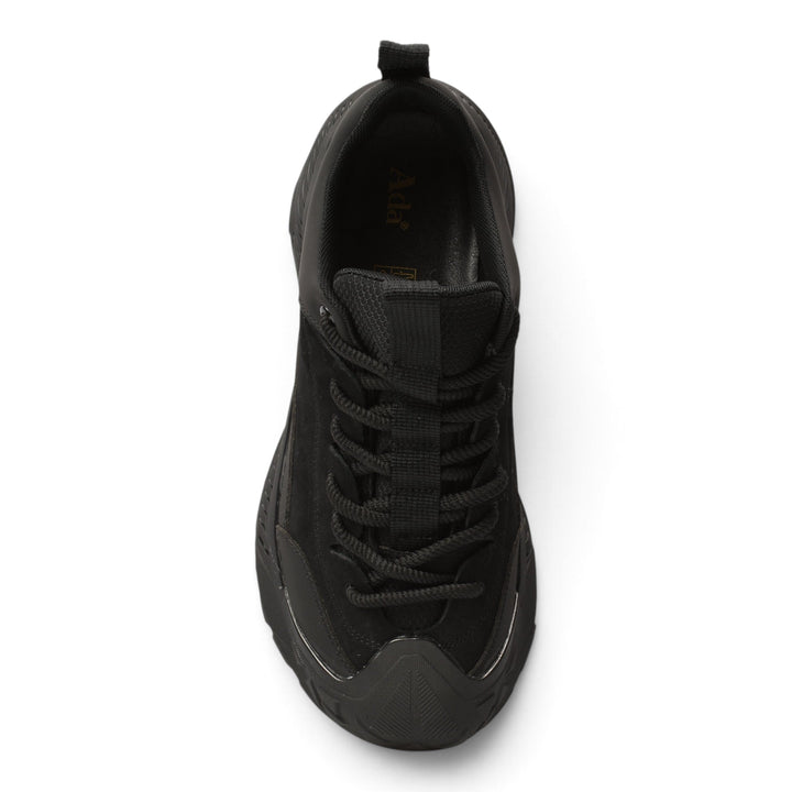 ada-shoes.ro black leather and suede sneakers with a lace-up design and flexible sole, top-down view.