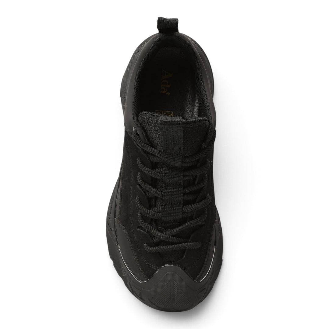 ada-shoes.ro black leather and suede sneakers with a lace-up design and flexible sole, top-down view.