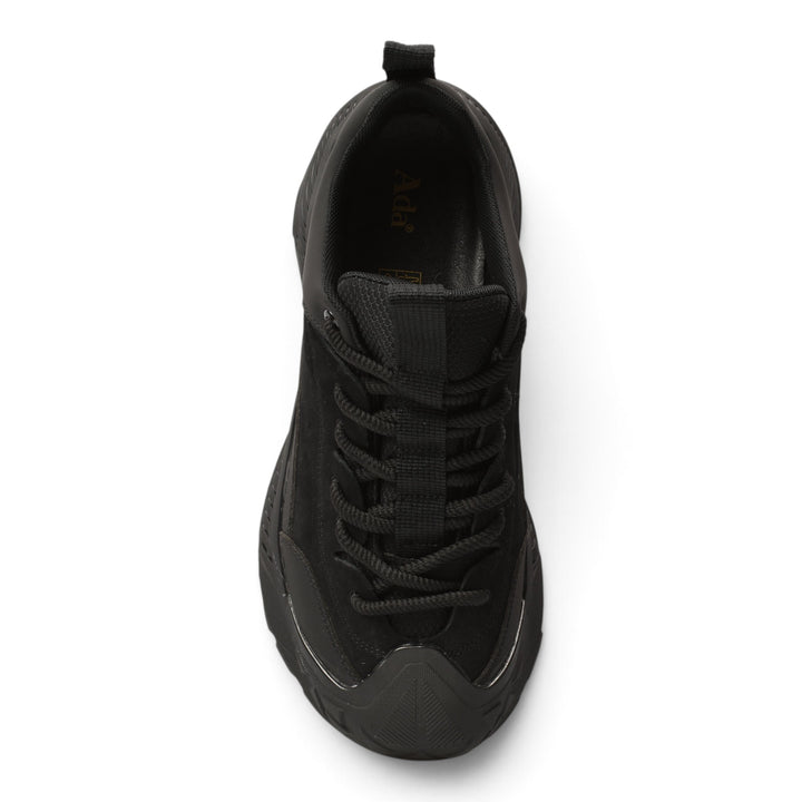 ada-shoes.ro black leather and suede sneakers with a lace-up design and flexible sole, top-down view.