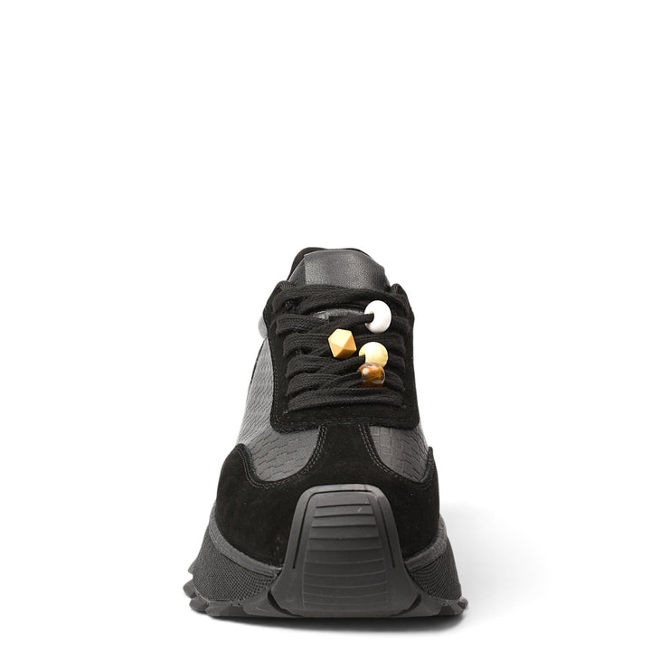 ada-shoes.ro black sneakers made of suede and natural leather with a flexible 4.5 cm sole and lace-up closure.