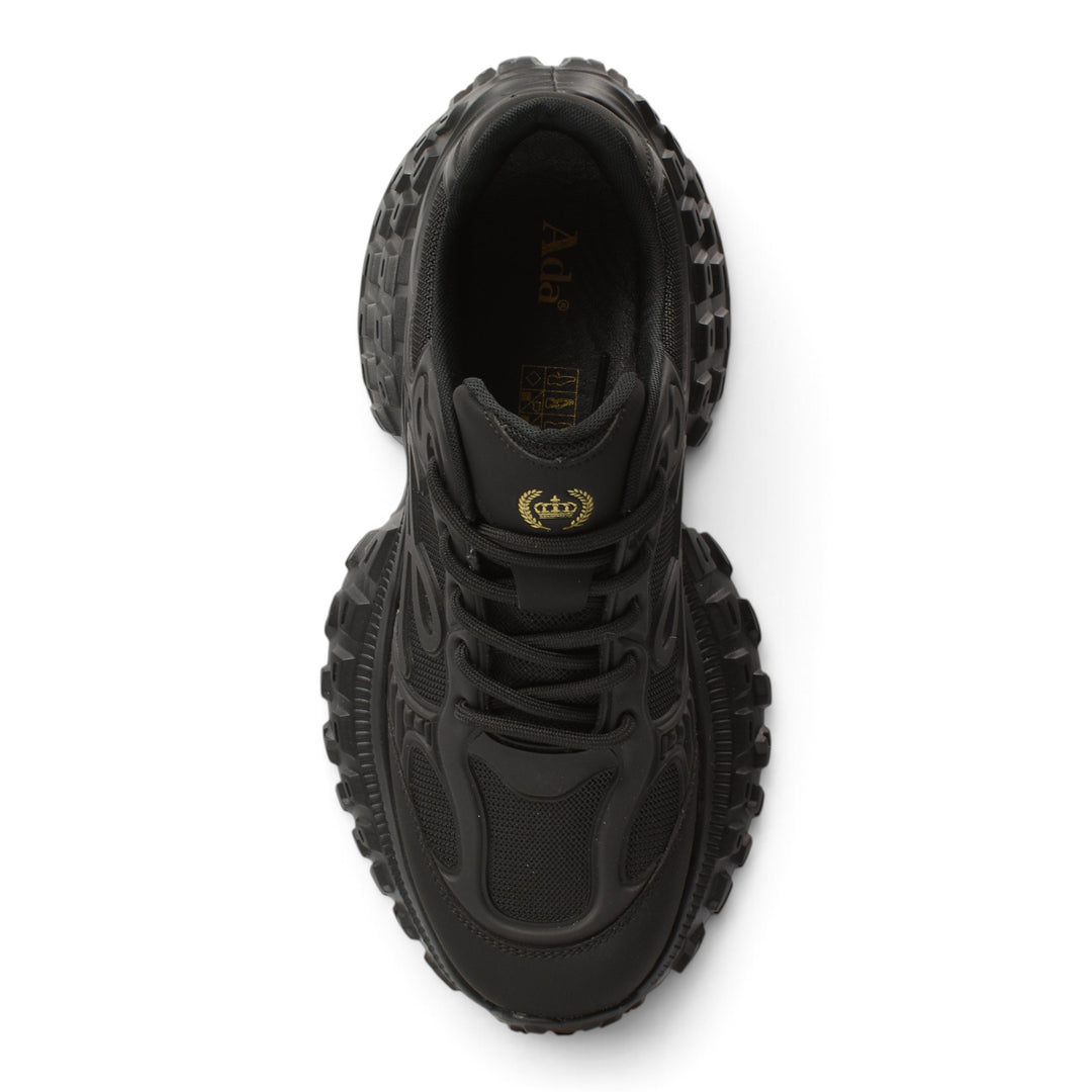 ada-shoes.ro black leather and textile sneakers with a thick 5cm flexible sole and lace-up closure, top view.