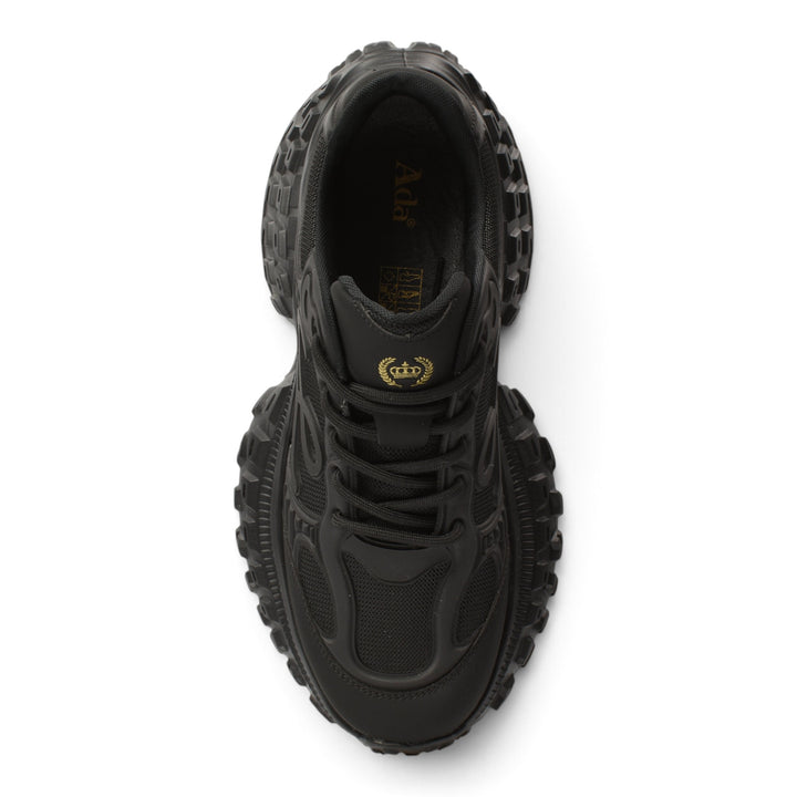 ada-shoes.ro black leather and textile sneakers with a thick 5cm flexible sole and lace-up closure, top view.