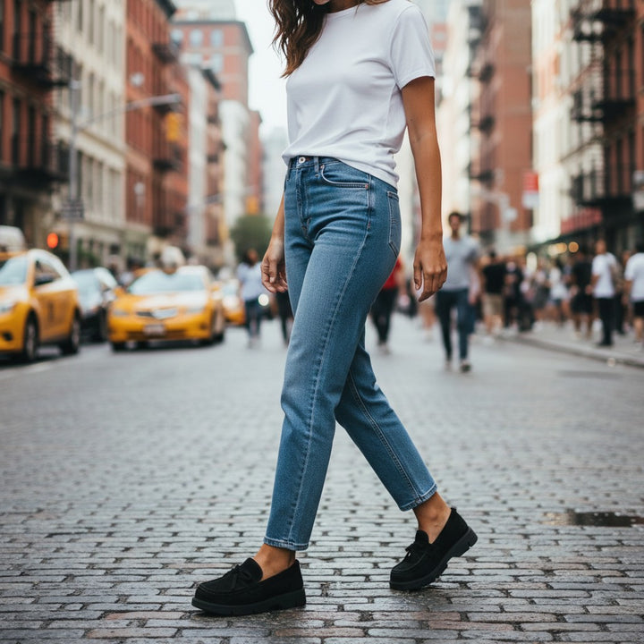 Woman wearing ada-shoes.ro black nubuck casual loafers with a 3cm heel, styled with jeans on a city street.
