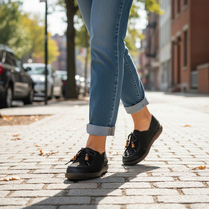 ada-shoes.ro Formazione black nubuck leather casual shoes with laces worn with blue jeans on a city street