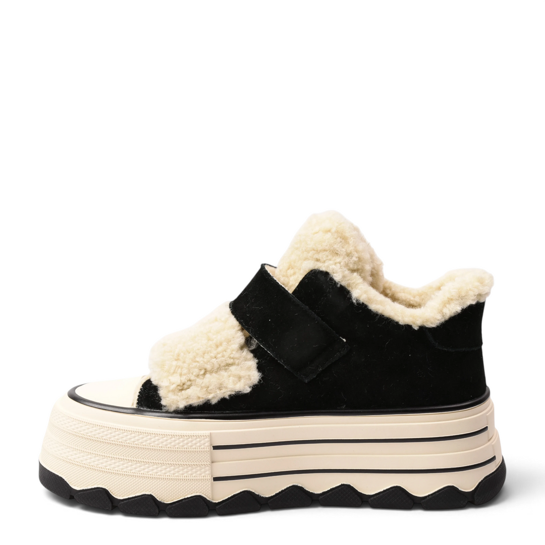 ada-shoes.ro Gryxx black nubuck leather platform sneakers with cream faux fur lining and velcro strap closure