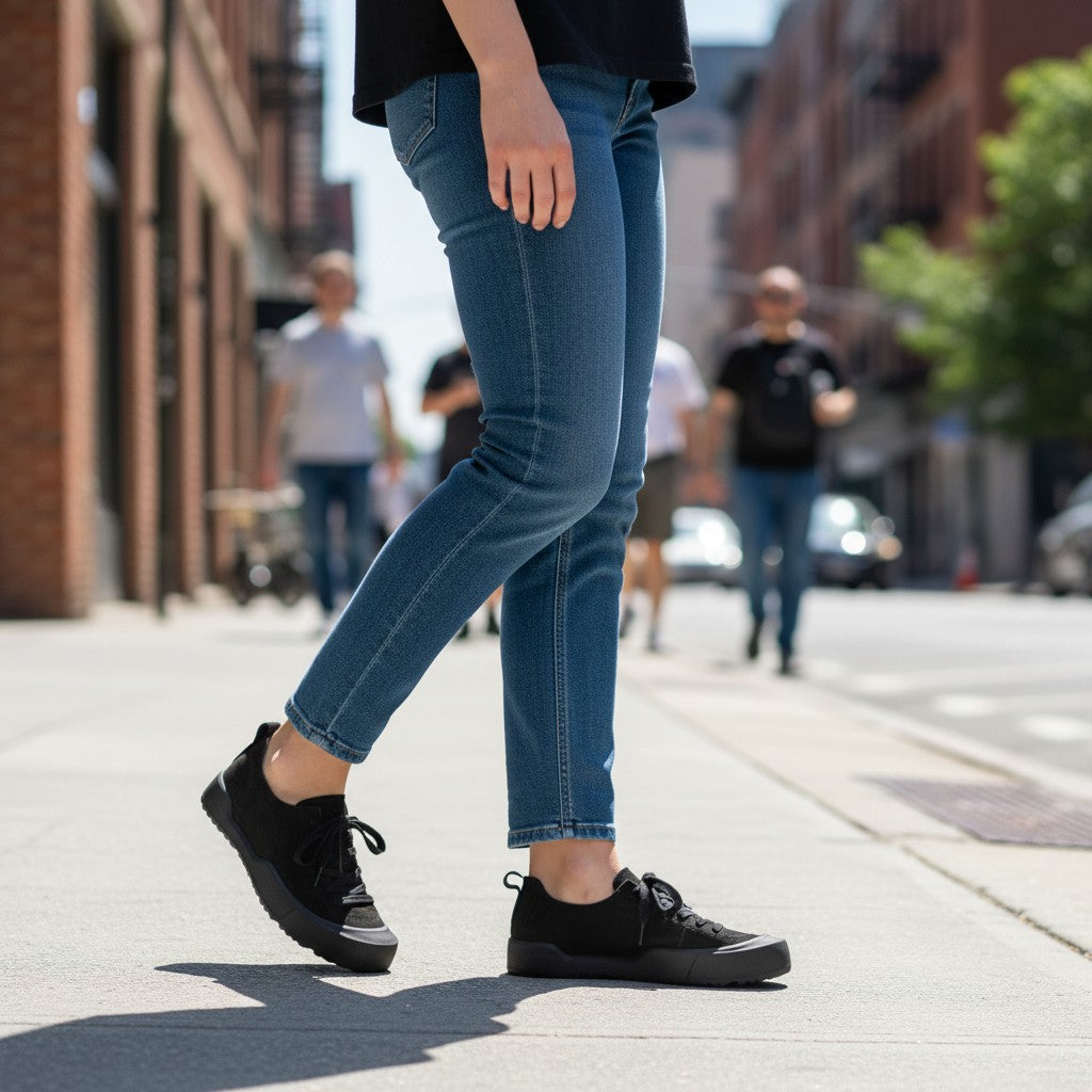 ada-shoes.ro black nubuck leather sneakers worn with blue jeans on a city sidewalk