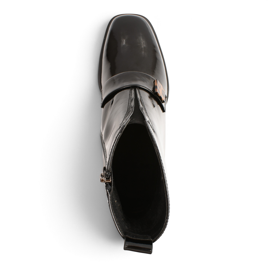 ada-shoes.ro Epica black patent leather ankle boots with leopard print strap detail and side zipper