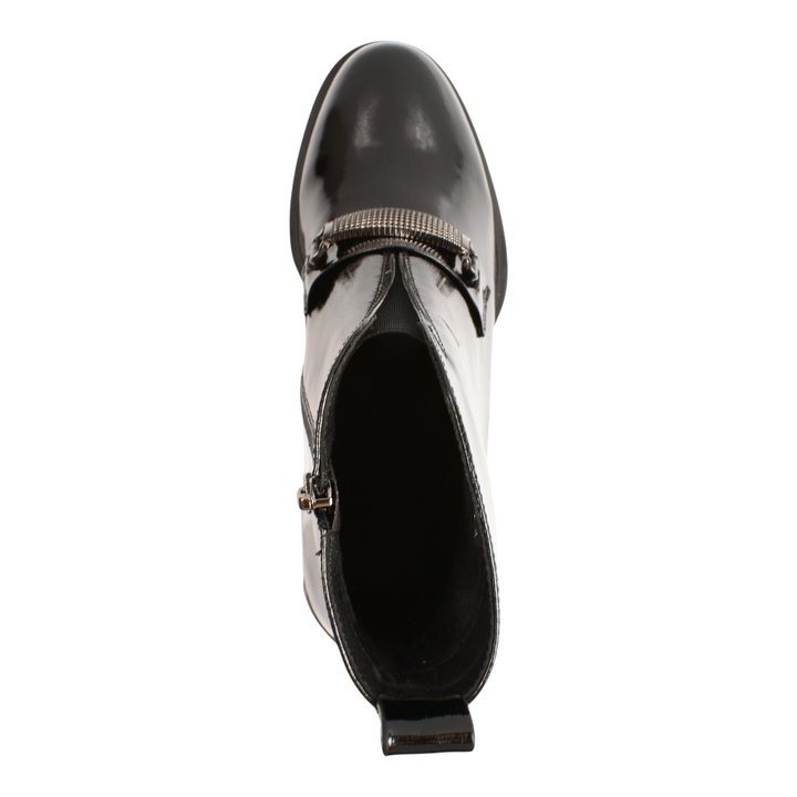 Top view of black patent leather Epica ankle boots with a metallic buckle strap and side zipper.